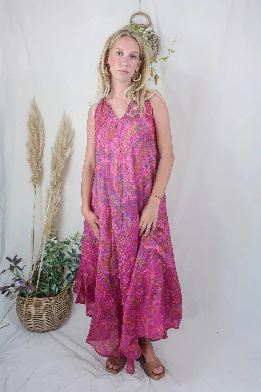 Siren Maxi Dress - Fuchsia and Ochre Intricate Ikat- Vintage Indian Silk - M/L