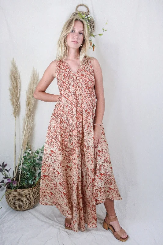 Siren Maxi Dress -  Sandal wood and Cinnamon Floral Rhythm - Vintage Indian Silk - L