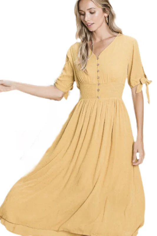 Smocked Waist Midi Dress With Buttons In Mustard Style 1881