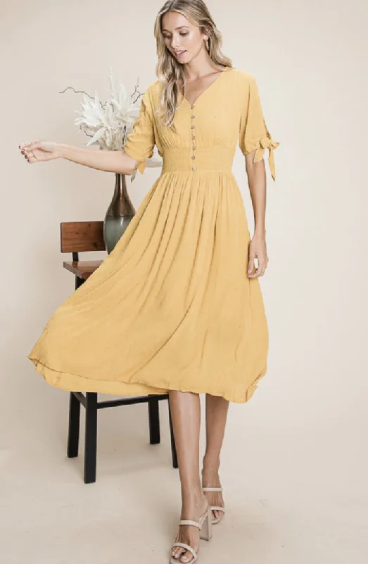 Smocked Waist Midi Dress With Buttons In Mustard Style 1881