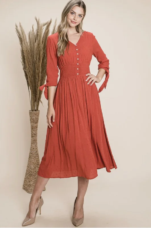 Smocked Waist Midi Dress With Buttons Style 3127 in Wine or Rust