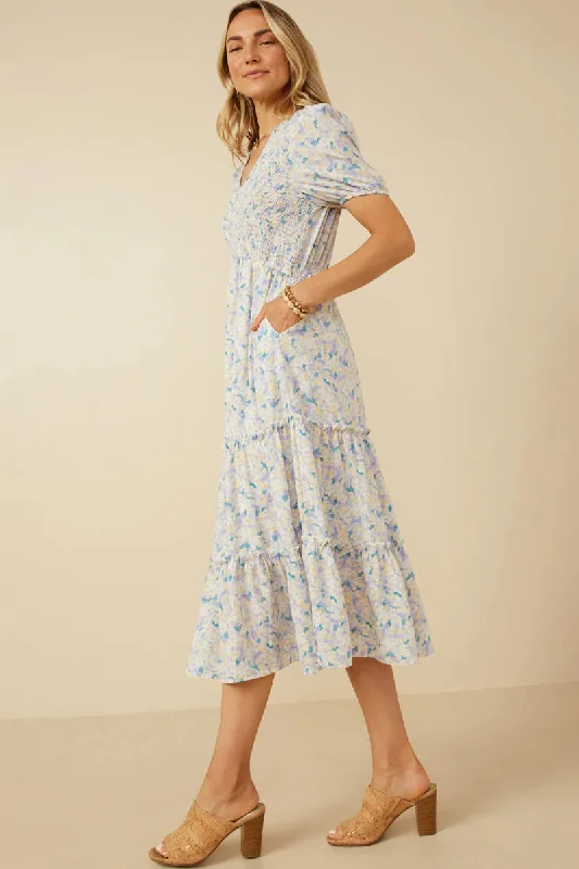 Soft Floral V Neck Smocked Dress Style 6215 in Blue