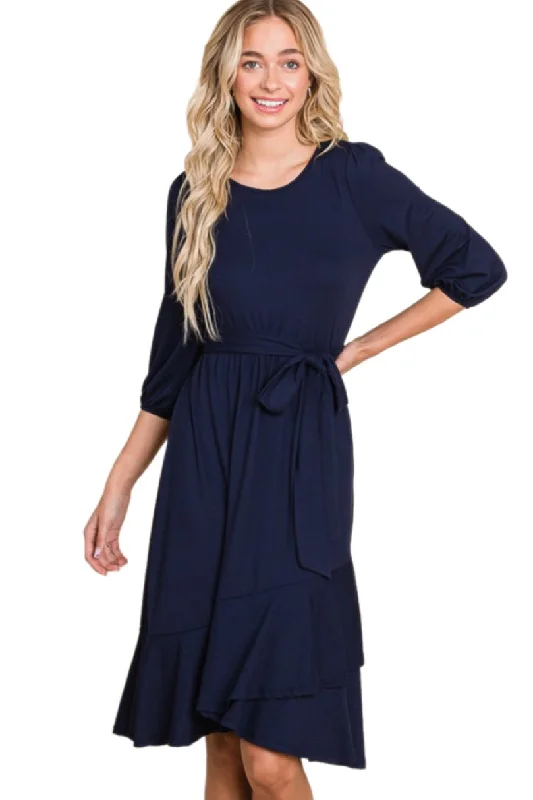 Solid 3/4 Sleeve Midi Dress Style 4137 in Navy or Black