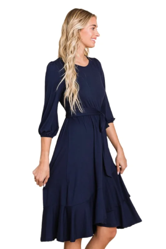 Solid 3/4 Sleeve Midi Dress Style 4137 in Navy or Black