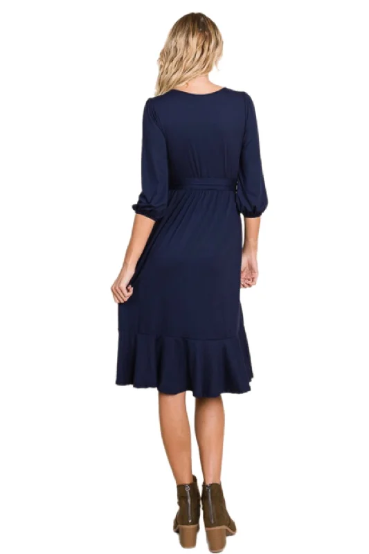 Solid 3/4 Sleeve Midi Dress Style 4137 in Navy or Black