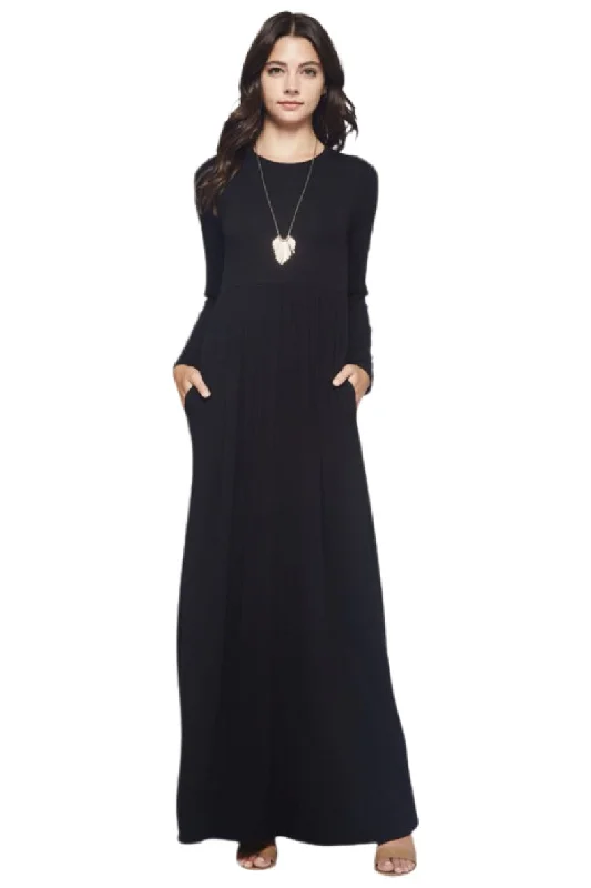 Solid Maxi Dress with Pockets Style 3374 in Black, Burgundy or Heather Grey