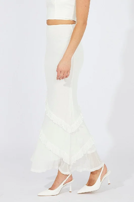 White Maxi Skirt Mesh Asymmetric Ruffle