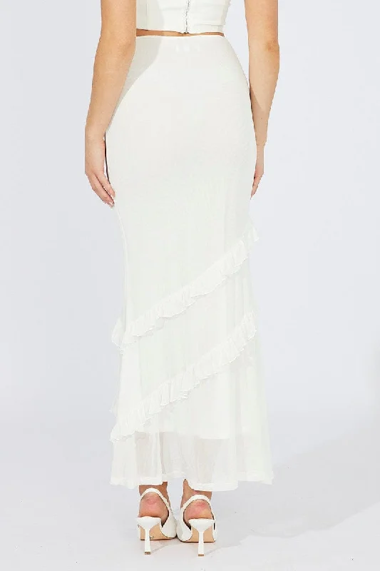 White Maxi Skirt Mesh Asymmetric Ruffle