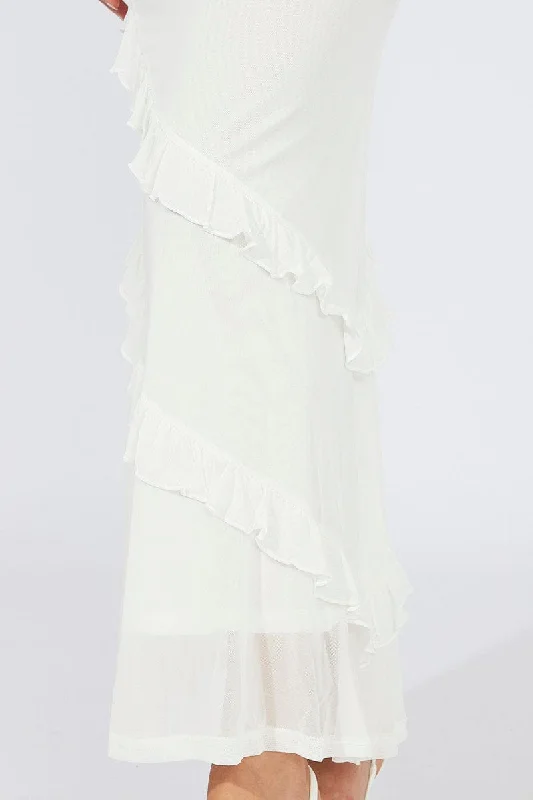 White Maxi Skirt Mesh Asymmetric Ruffle