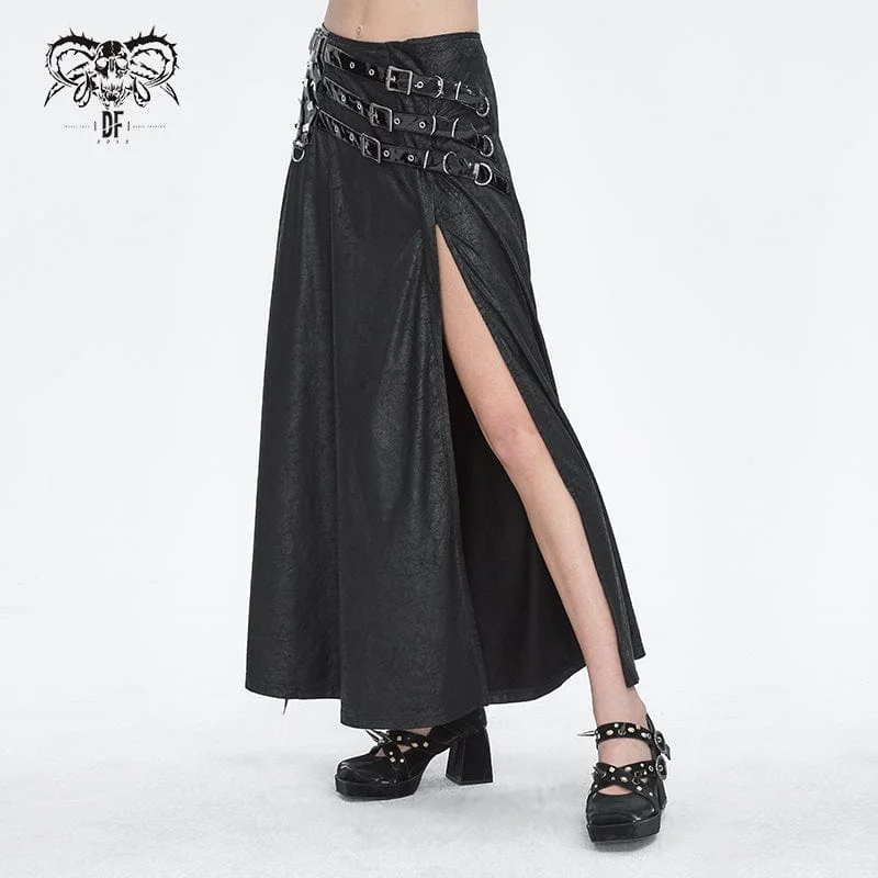 Women's Gothic Buckle Stud Side Slit Long Skirt