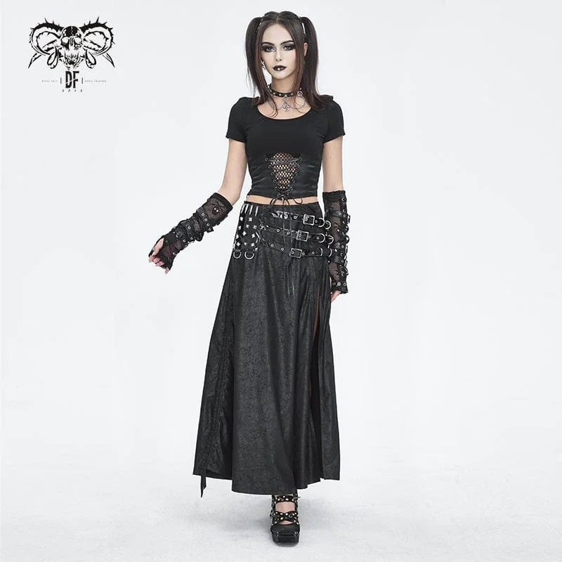 Women's Gothic Buckle Stud Side Slit Long Skirt