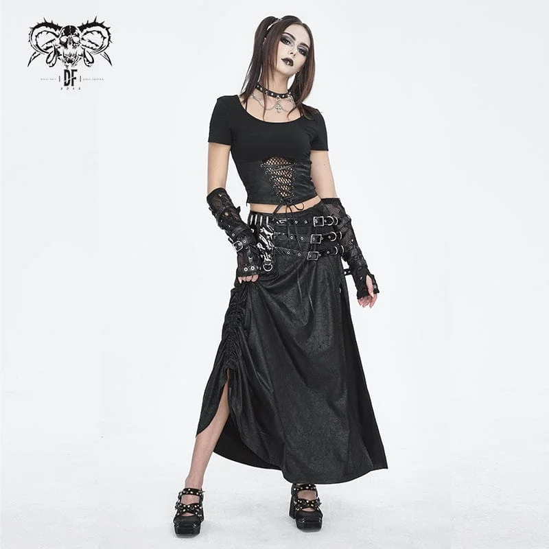 Women's Gothic Buckle Stud Side Slit Long Skirt