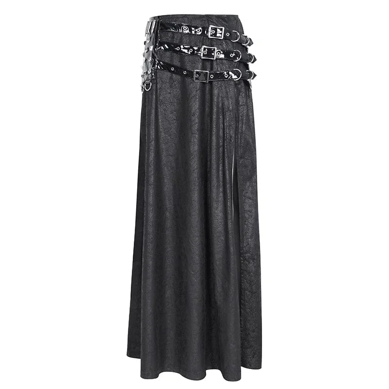 Women's Gothic Buckle Stud Side Slit Long Skirt