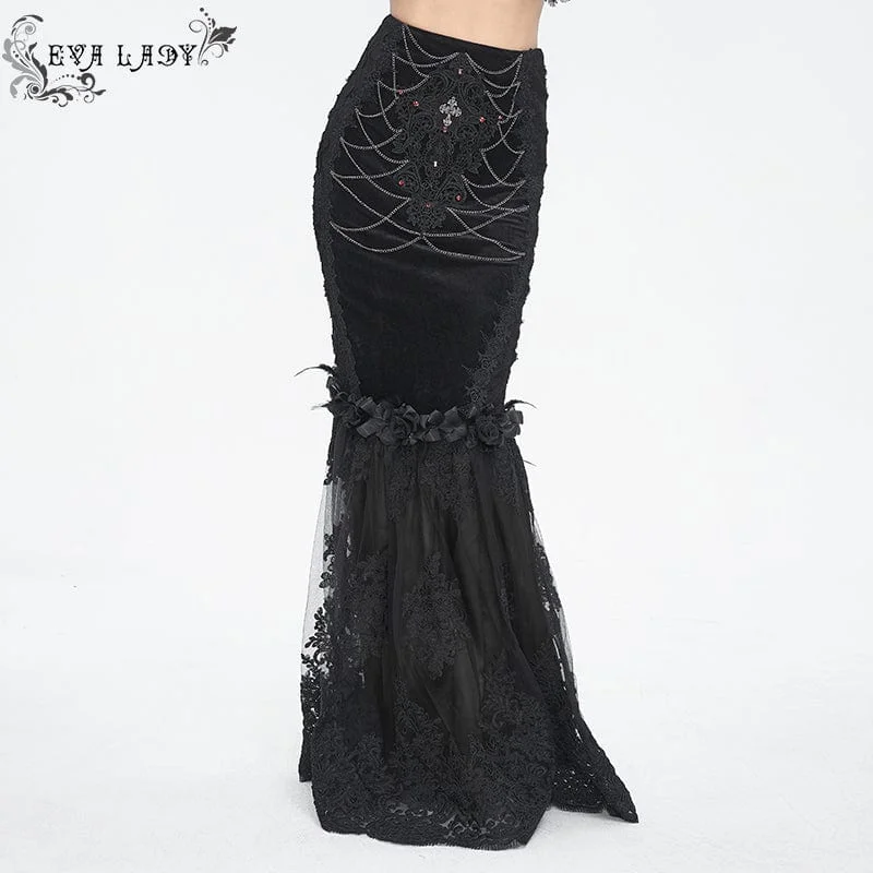 Women's Gothic Floral Embroidered Lace Splice Black Fishtail Skirt