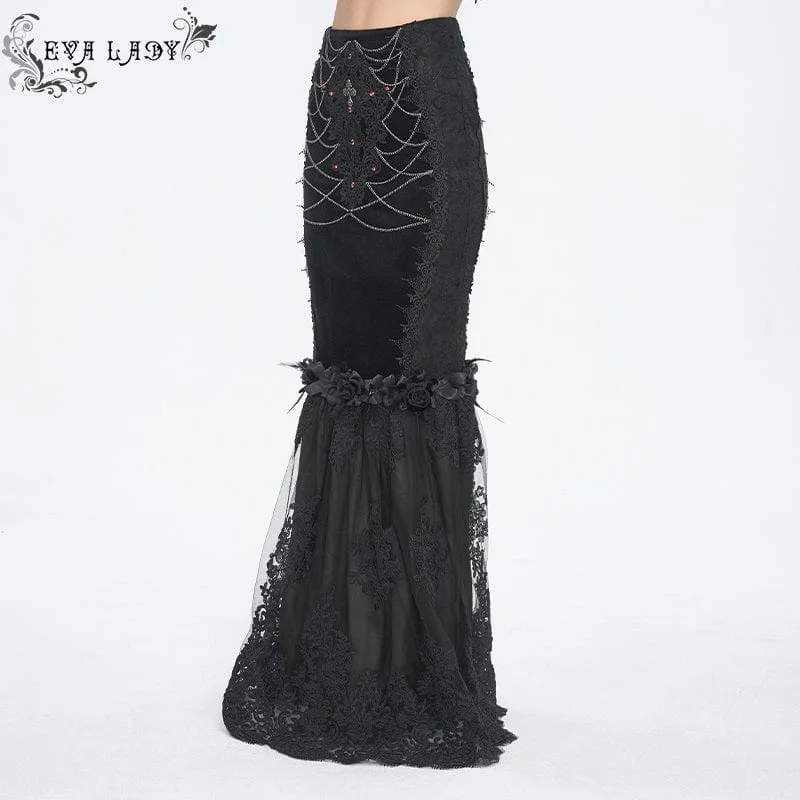 Women's Gothic Floral Embroidered Lace Splice Black Fishtail Skirt