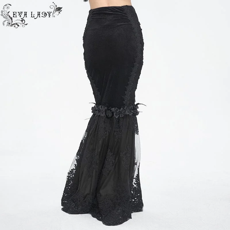 Women's Gothic Floral Embroidered Lace Splice Black Fishtail Skirt