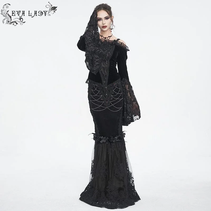 Women's Gothic Floral Embroidered Lace Splice Black Fishtail Skirt