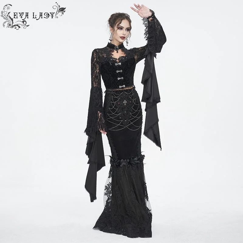 Women's Gothic Floral Embroidered Lace Splice Black Fishtail Skirt