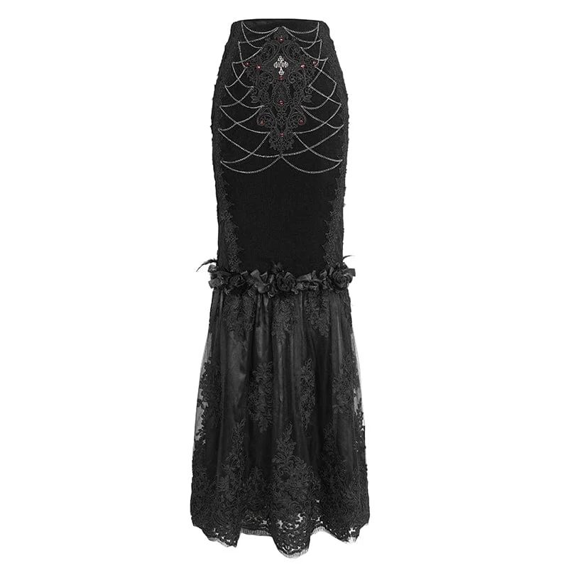 Women's Gothic Floral Embroidered Lace Splice Black Fishtail Skirt