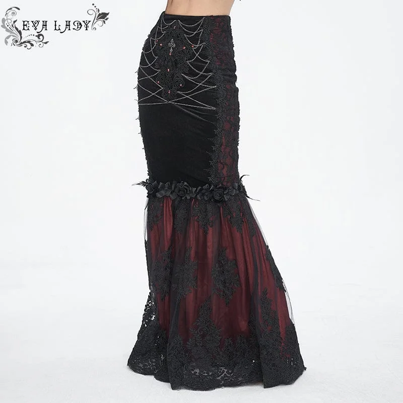 Women's Gothic Floral Embroidered Lace Splice Red Fishtail Skirt