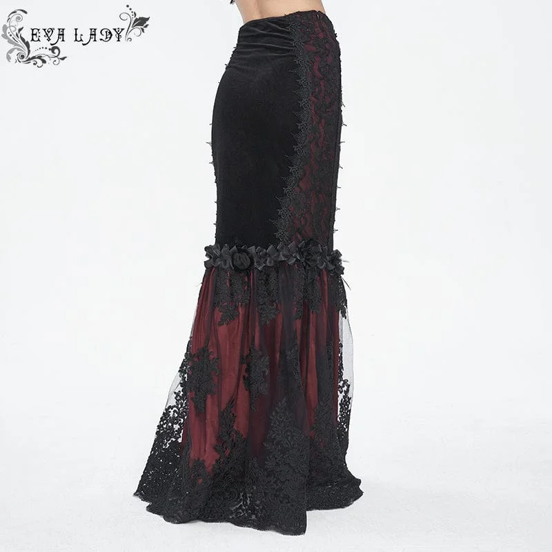 Women's Gothic Floral Embroidered Lace Splice Red Fishtail Skirt