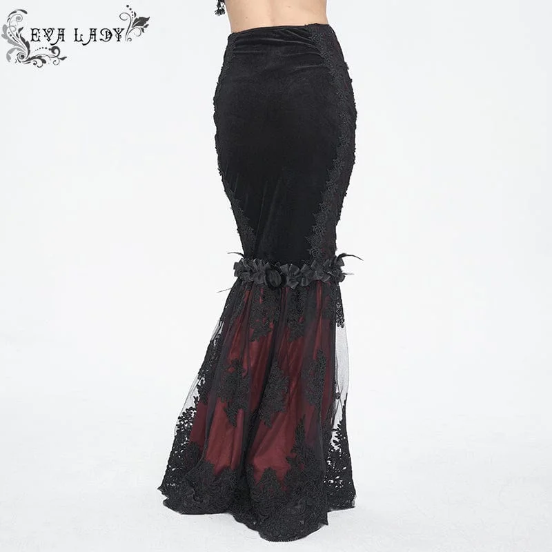 Women's Gothic Floral Embroidered Lace Splice Red Fishtail Skirt