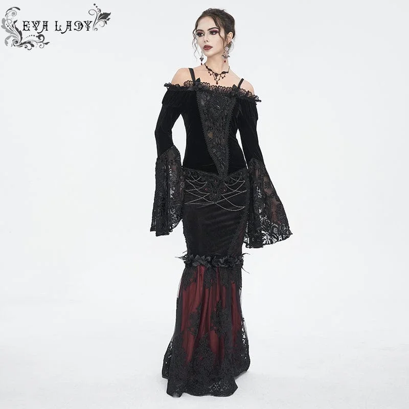 Women's Gothic Floral Embroidered Lace Splice Red Fishtail Skirt