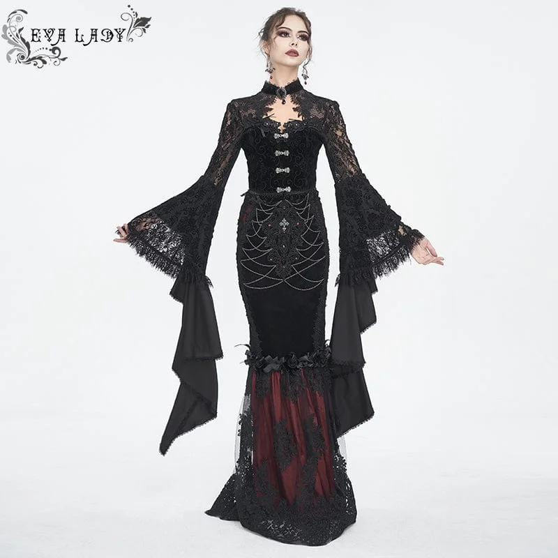 Women's Gothic Floral Embroidered Lace Splice Red Fishtail Skirt