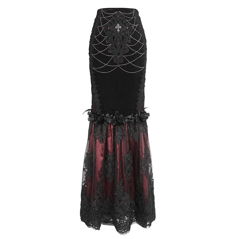 Women's Gothic Floral Embroidered Lace Splice Red Fishtail Skirt