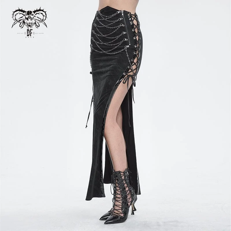 Women's Punk Buckle Side Slit Wrapped Long Skirt