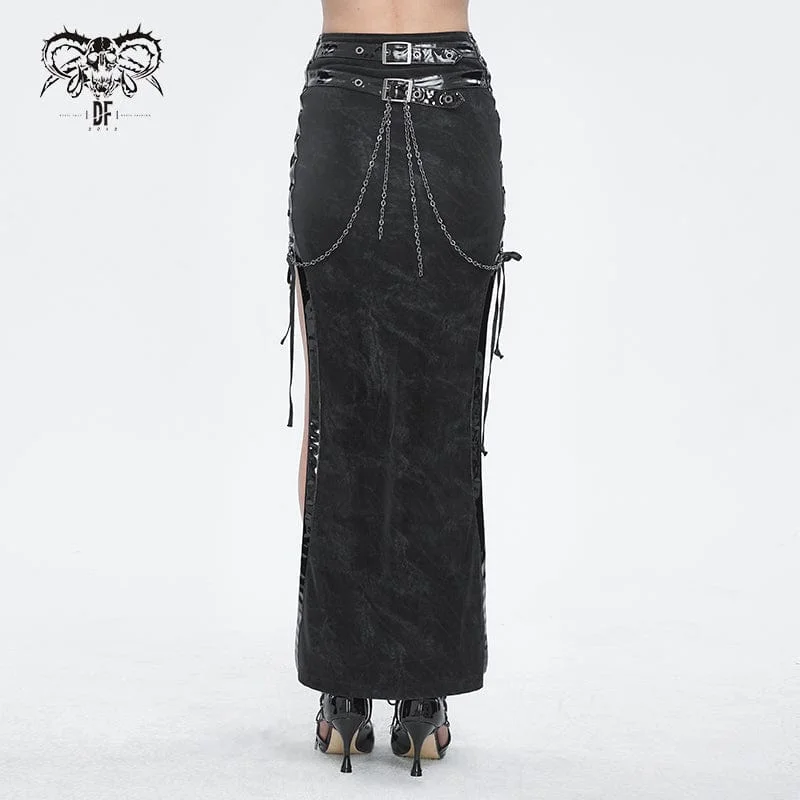 Women's Punk Buckle Side Slit Wrapped Long Skirt