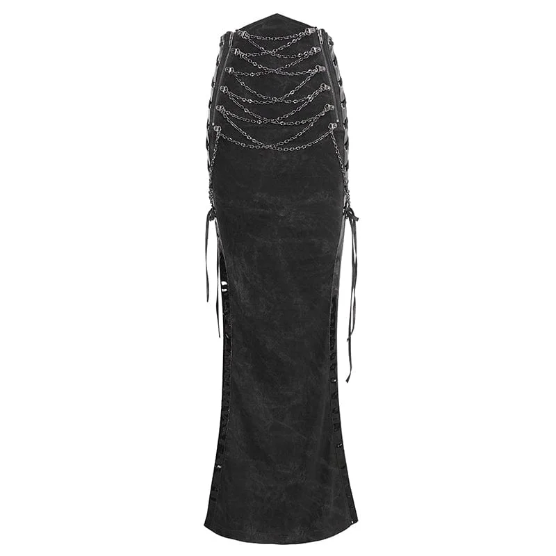 Women's Punk Buckle Side Slit Wrapped Long Skirt